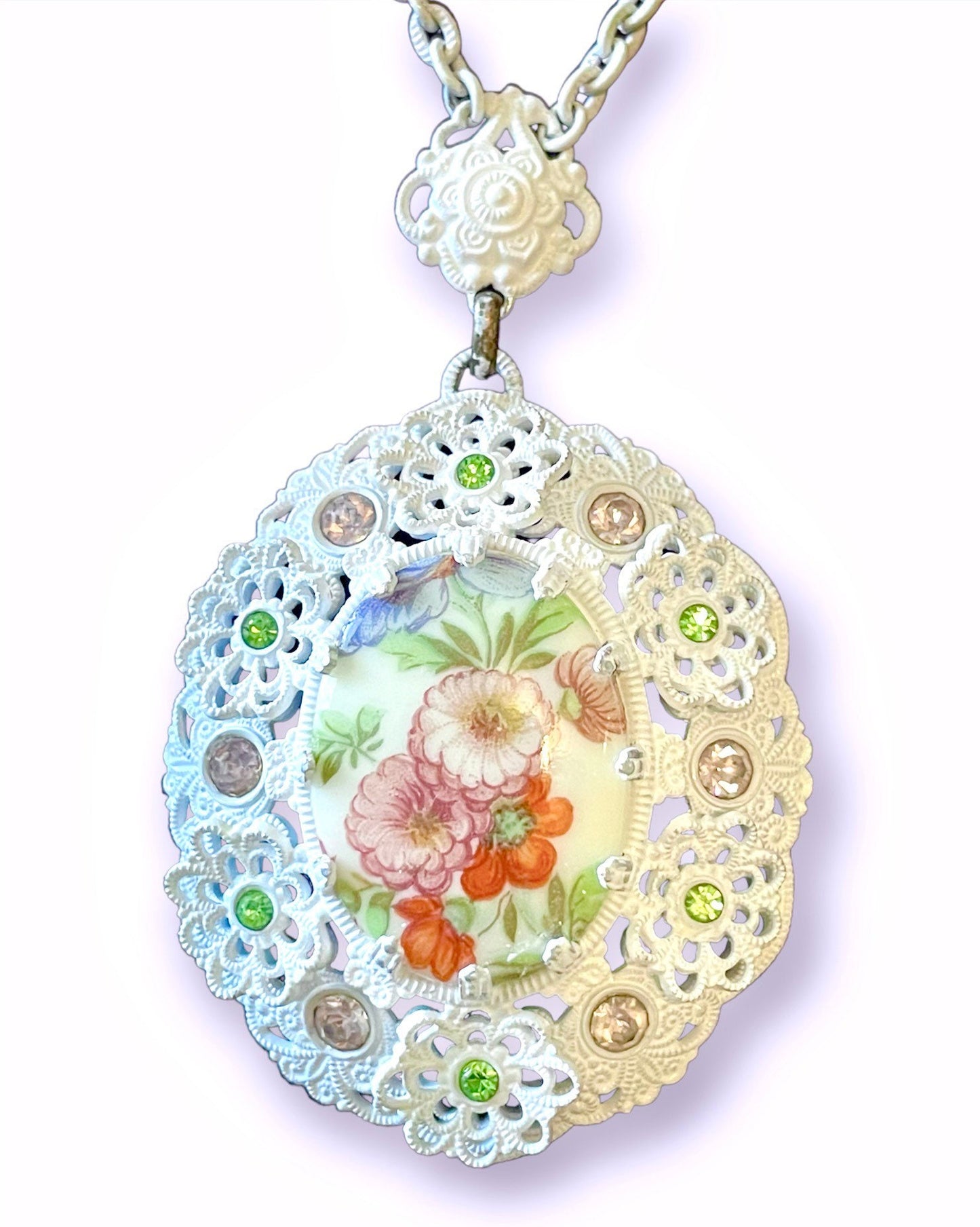 White Enamel West German Fruit Salad Pink & Green Crystal Floral Bouquet Limoge Cameo Necklace