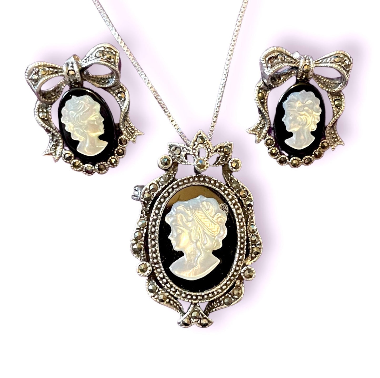 Sterling Silver, Marcasite, Onyx & Mother of Pearl Cameo Necklace, Brooch and Earring Set