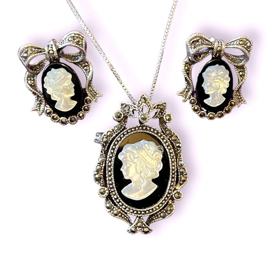 Sterling Silver, Marcasite, Onyx & Mother of Pearl Cameo Necklace, Brooch and Earring Set