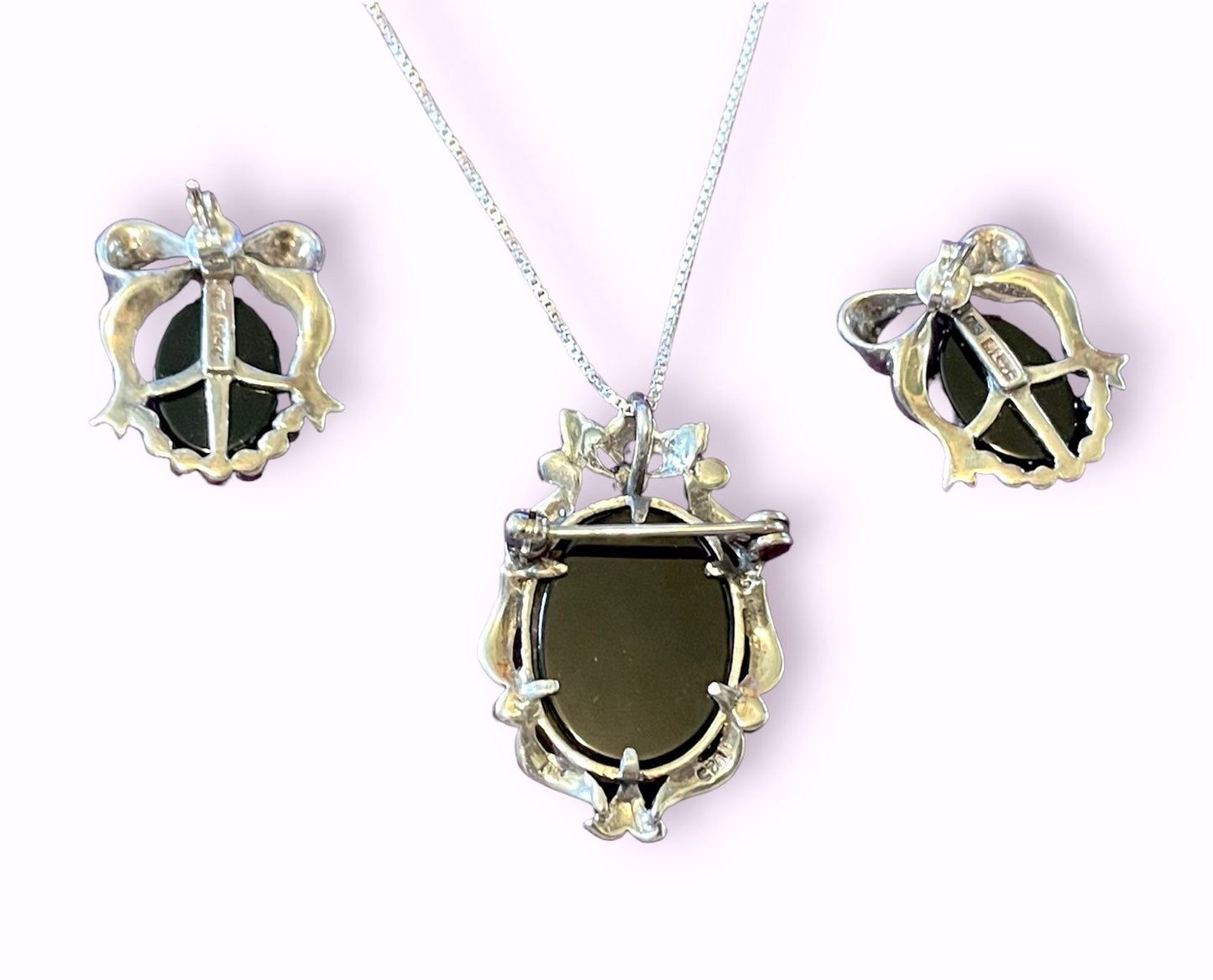 Sterling Silver, Marcasite, Onyx & Mother of Pearl Cameo Necklace, Brooch and Earring Set