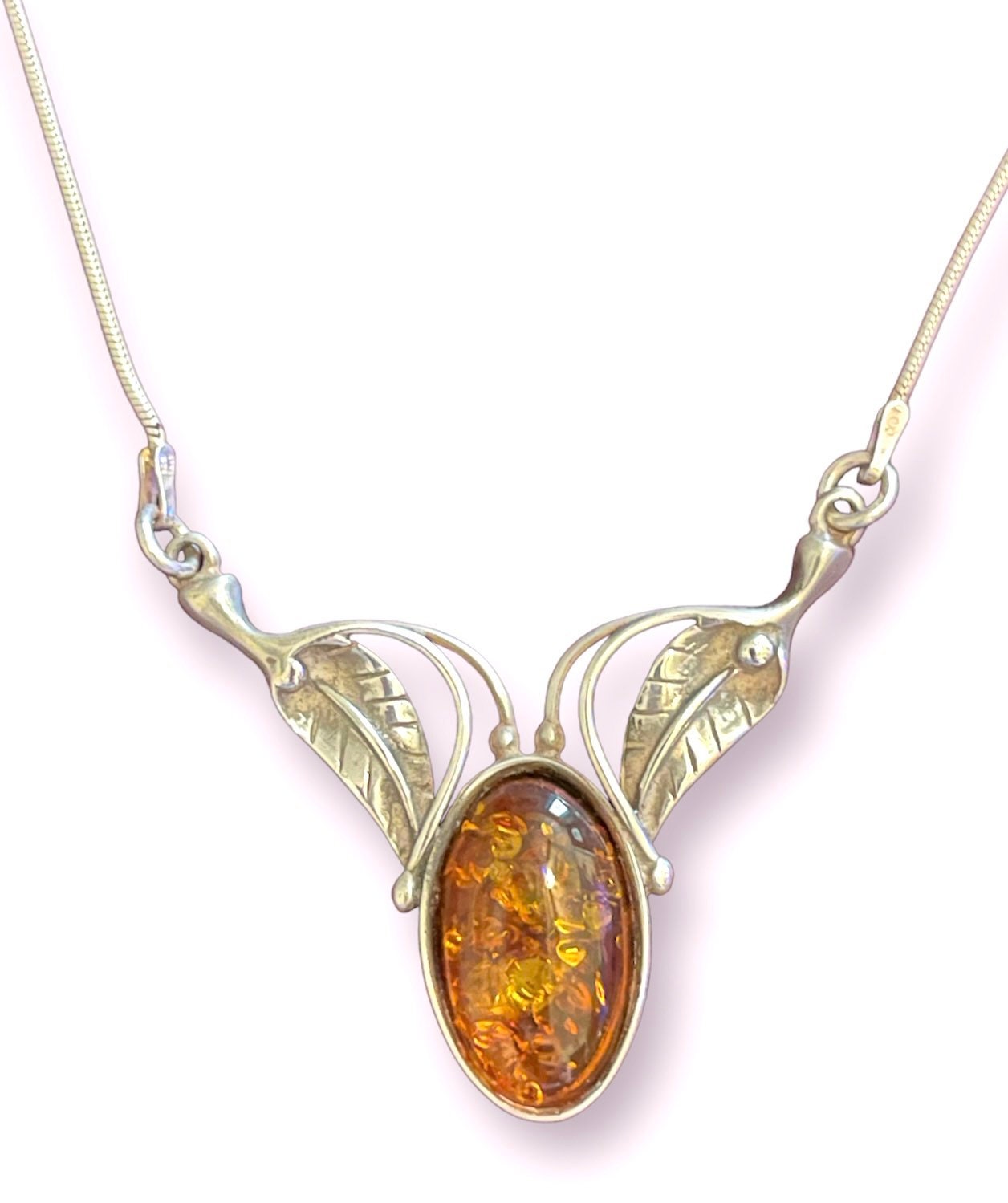 Baltic Amber Sterling Silver Leaf Detail Necklace