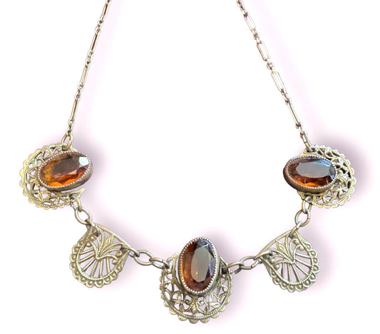 Vintage Art Nouveau Brass Filigree & Citrine Czech Crystal Necklace