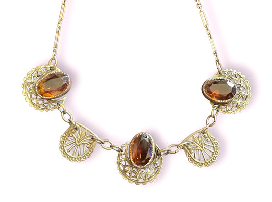 Vintage Art Nouveau Brass Filigree & Citrine Czech Crystal Necklace