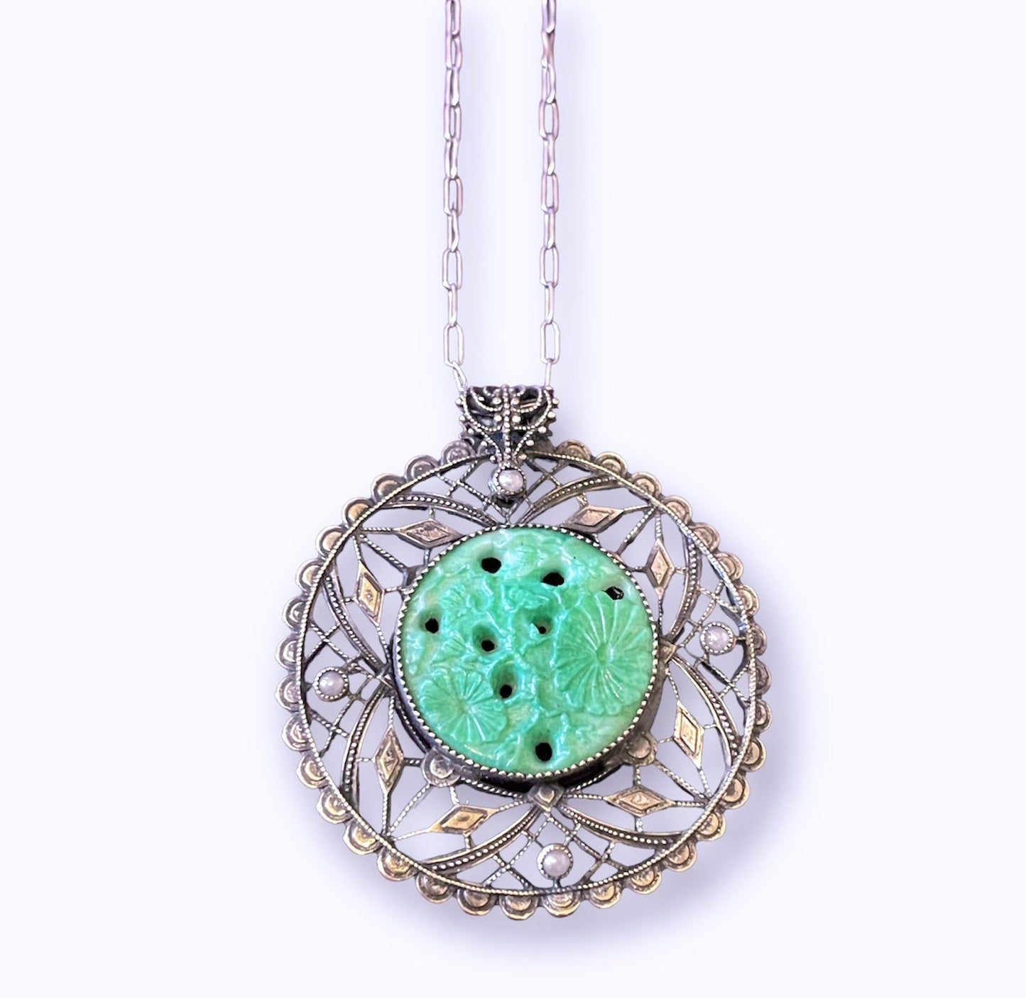Antique Sterling Silver Filigree, Pearl & Molded Jade Peking Glass Pendant Necklace