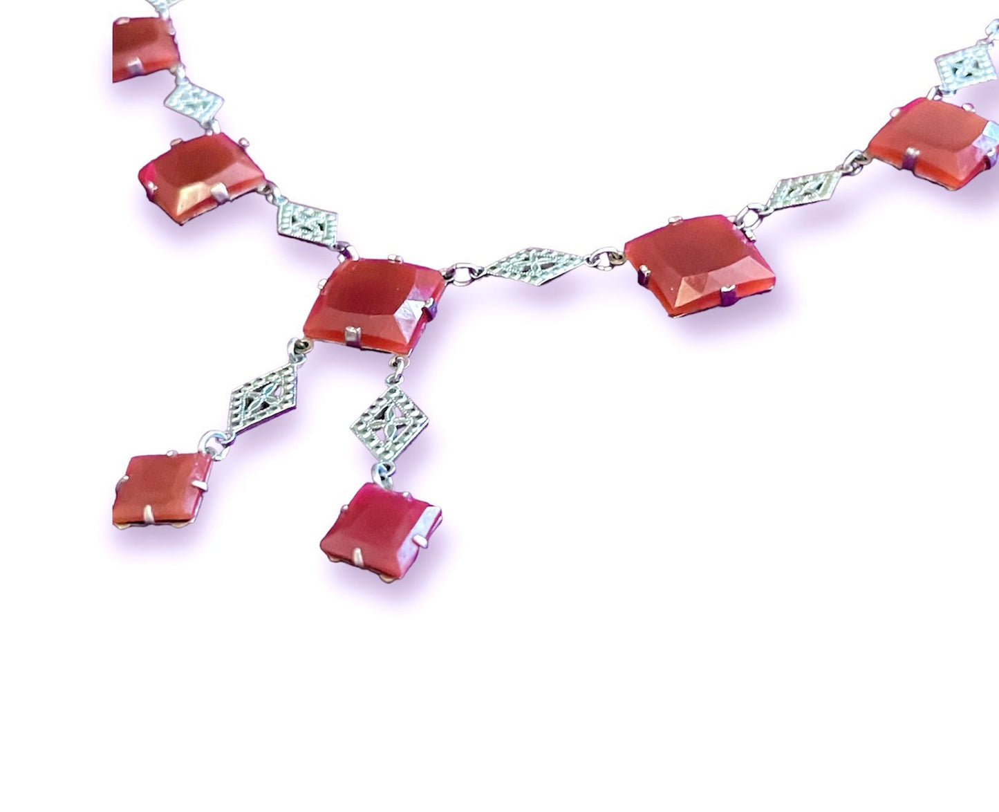 Vintage Carnelian & Sterling Silver Filigree Y Necklace