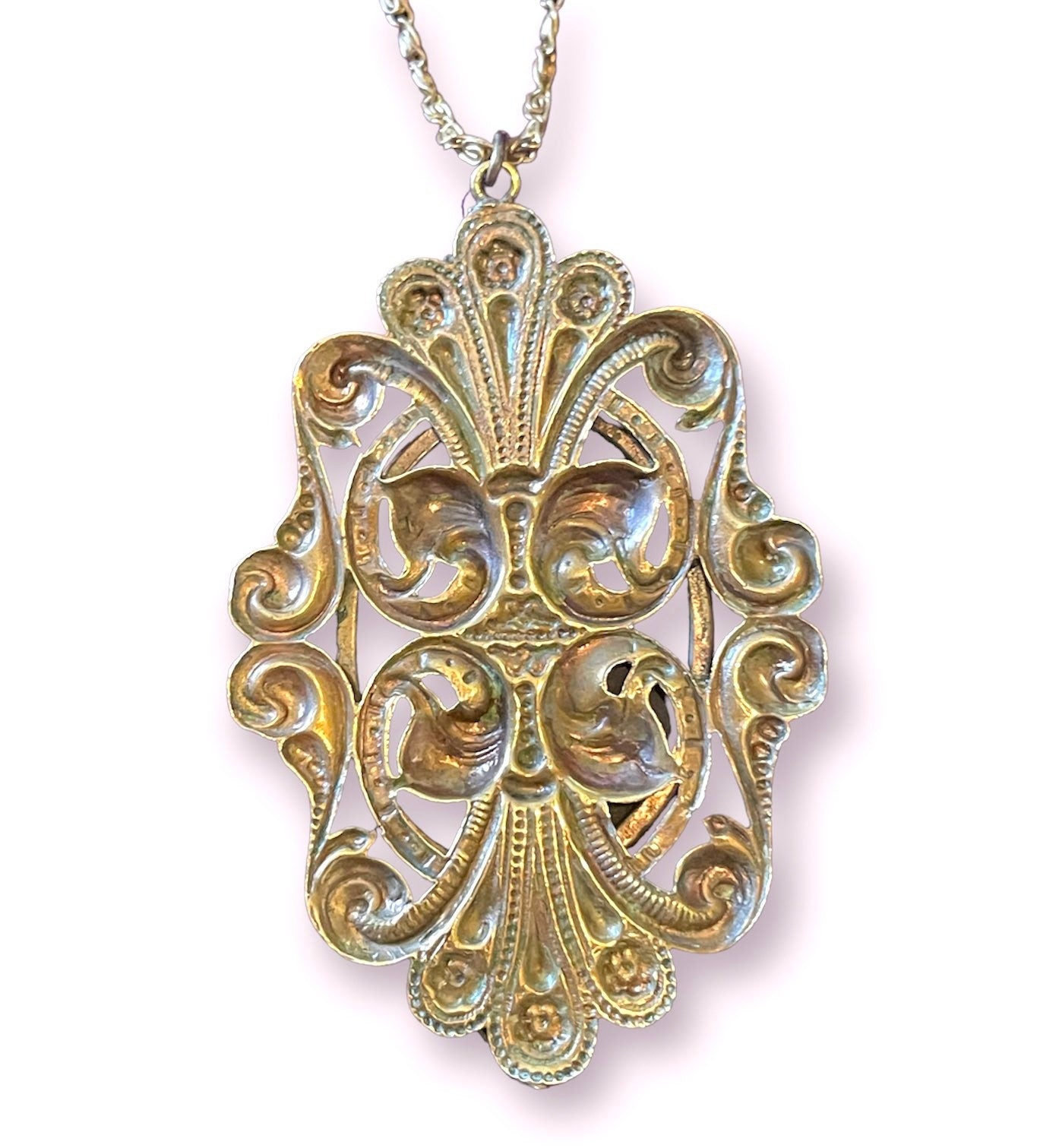 Antique Molded Glass Mourning Cameo Brass Filigree Necklace