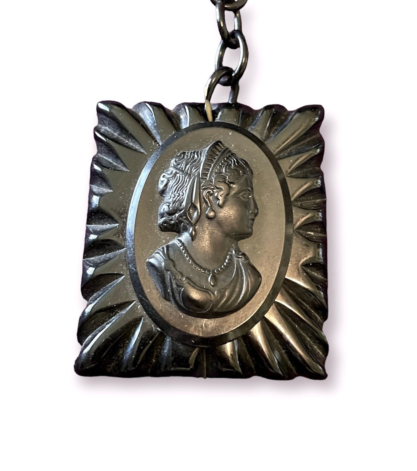 Antique Black Celluloid Mourning Cameo Necklace on Black Celluloid Chain