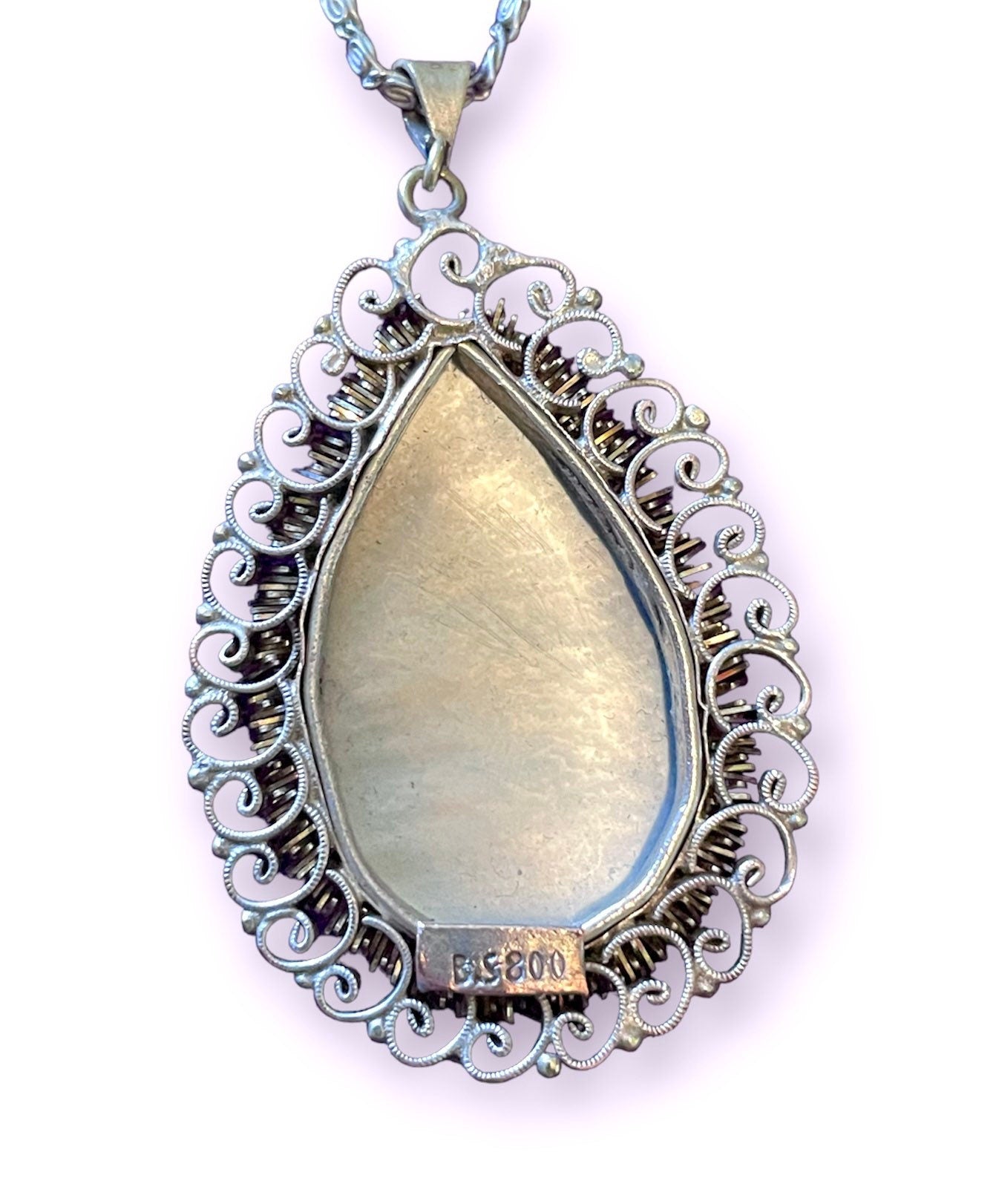 Fine 800 Silver Abalone & Mother of Pearl Carved Cameo Necklace in Filigree Setting