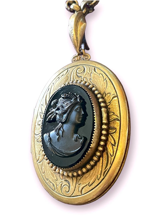Vintage Brass Engraved Black Glass Mourning Cameo Locket