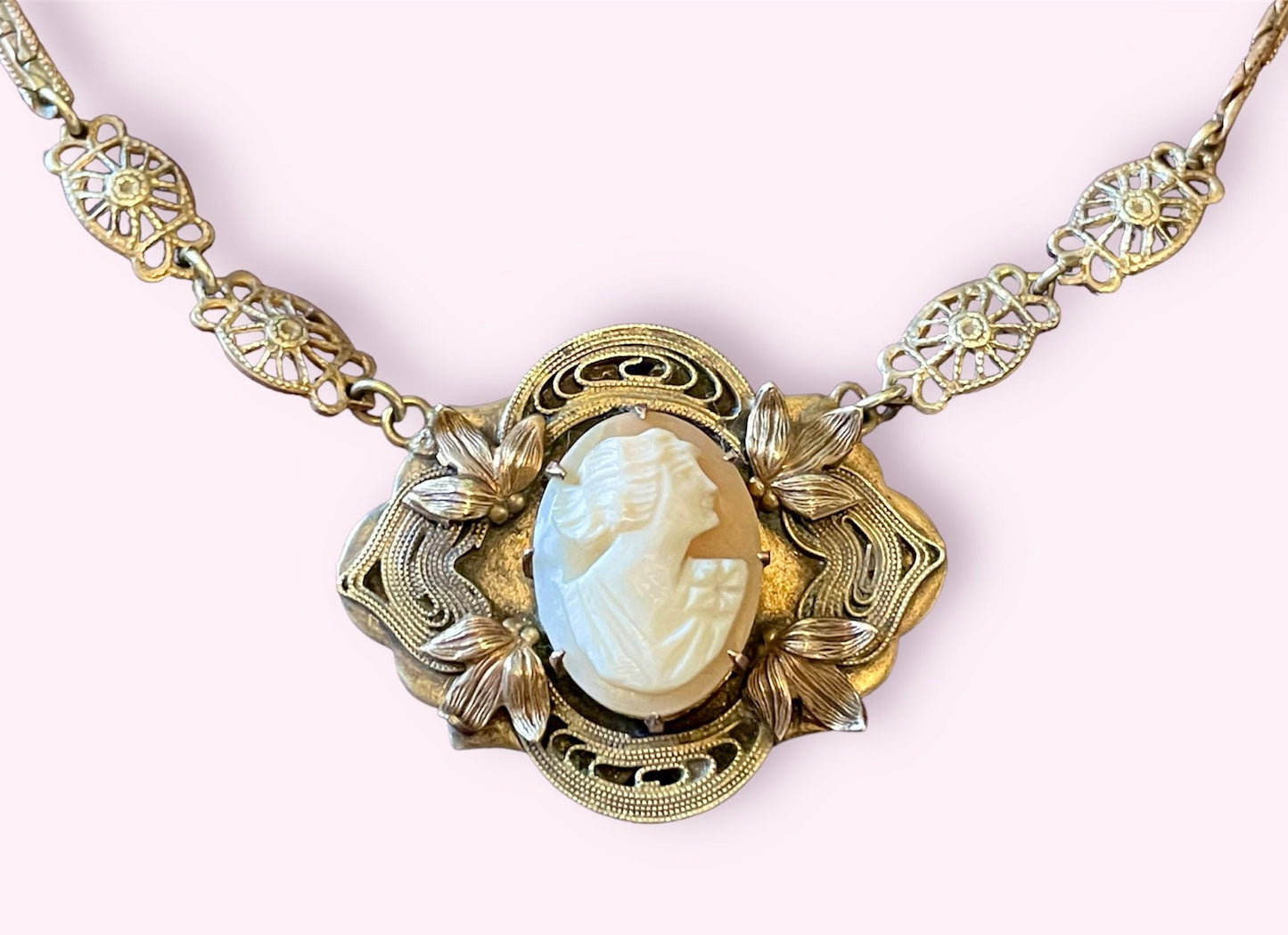 Art Nouveau Leaf Design Carved Shell Cameo Brass Necklace