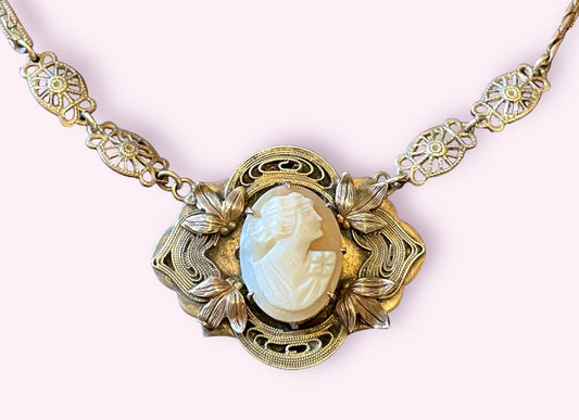 Art Nouveau Leaf Design Carved Shell Cameo Brass Necklace
