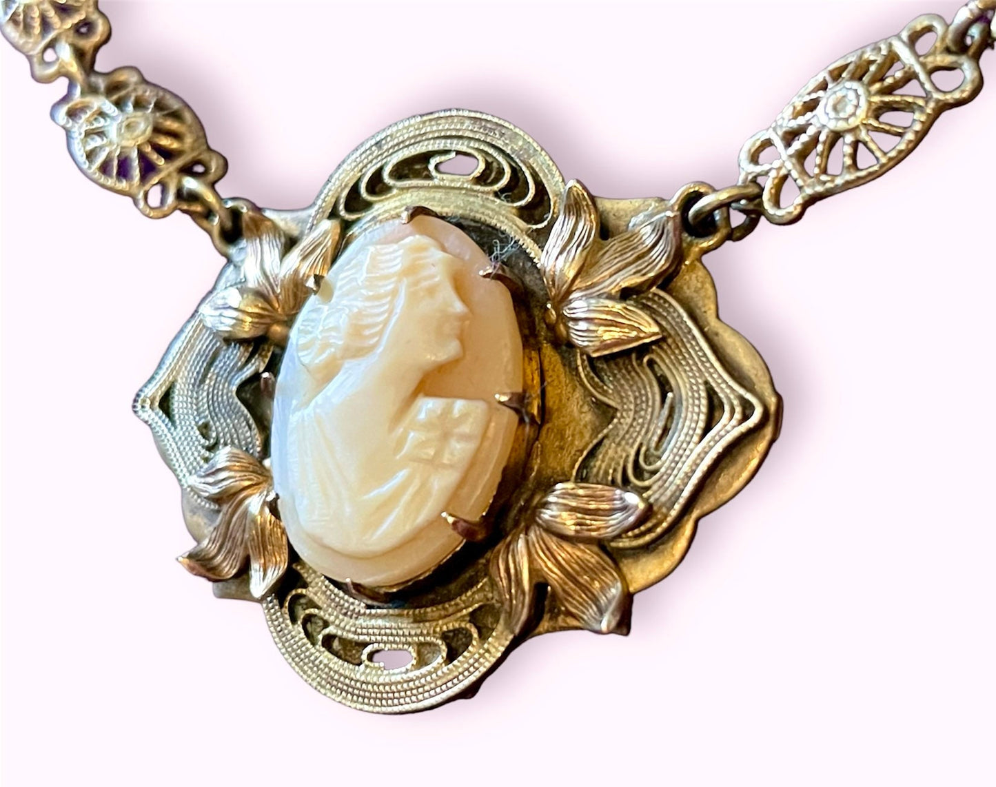 Art Nouveau Leaf Design Carved Shell Cameo Brass Necklace
