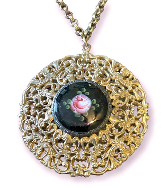 Art Nouveau Black & Pink Cloisonné Rose Cameo Heavy Brass Filigree Necklace