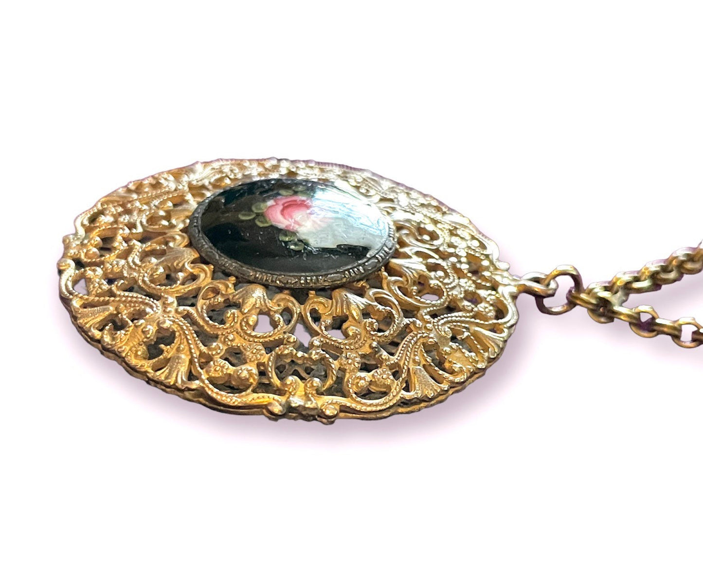 Art Nouveau Black & Pink Cloisonné Rose Cameo Heavy Brass Filigree Necklace