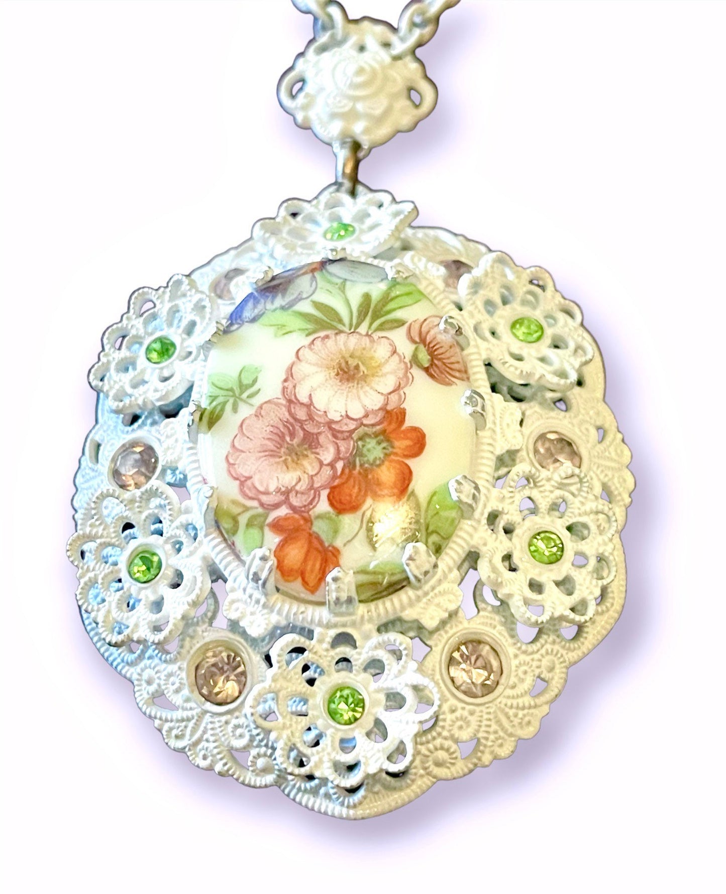 White Enamel West German Fruit Salad Pink & Green Crystal Floral Bouquet Limoge Cameo Necklace