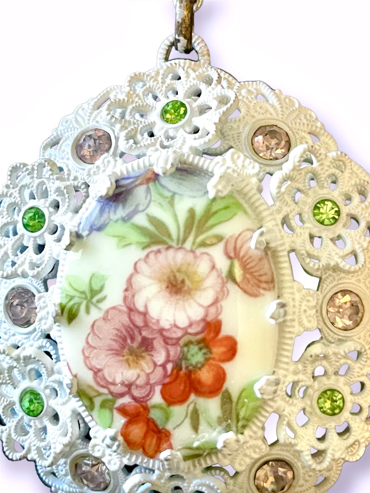 White Enamel West German Fruit Salad Pink & Green Crystal Floral Bouquet Limoge Cameo Necklace