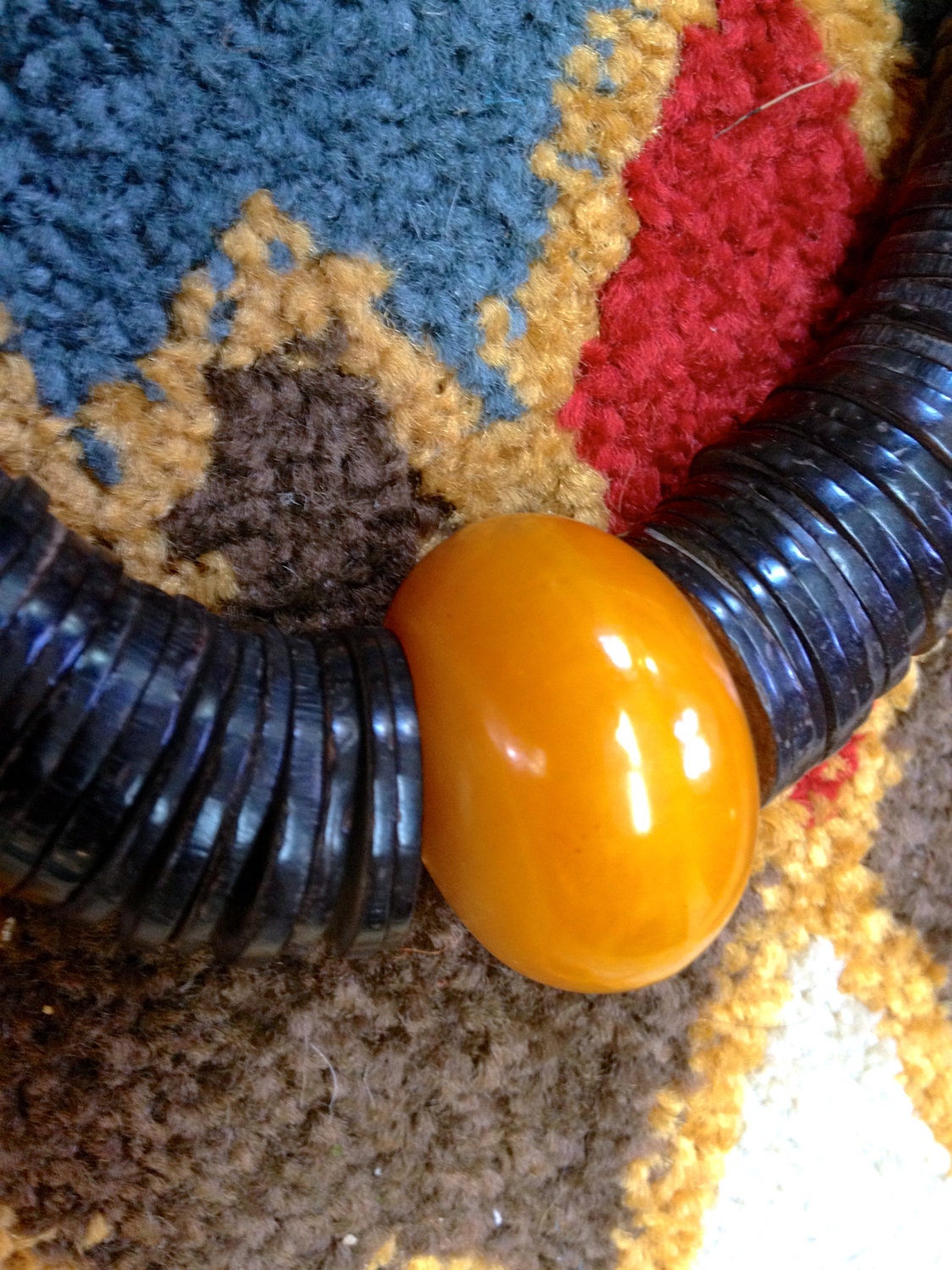 Amazing Antique Primitive Black Horn & Giant Bakelite Bead Long Necklace