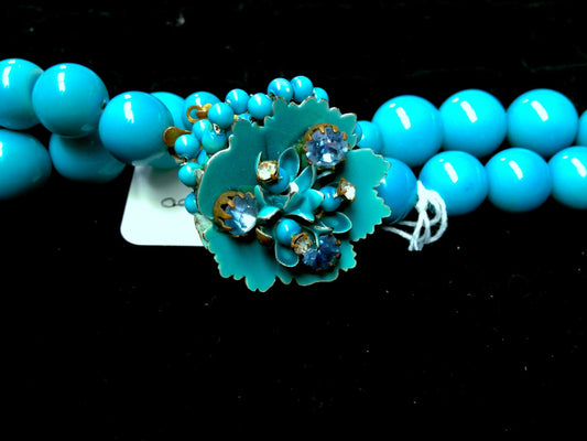 Blue 1950's Chunky 2 Strand Bead Necklace w Brass Enamel Crystal Flower Clasp