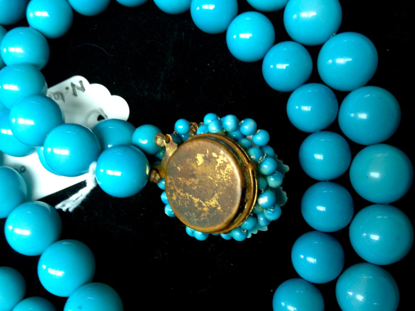 Blue 1950's Chunky 2 Strand Bead Necklace w Brass Enamel Crystal Flower Clasp