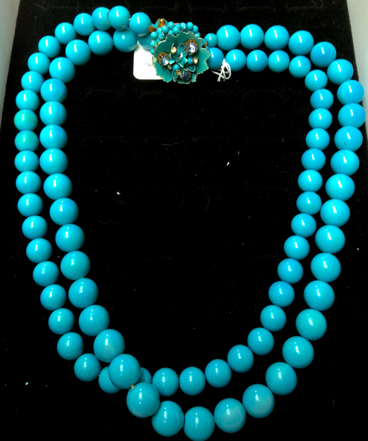 Blue 1950's Chunky 2 Strand Bead Necklace w Brass Enamel Crystal Flower Clasp