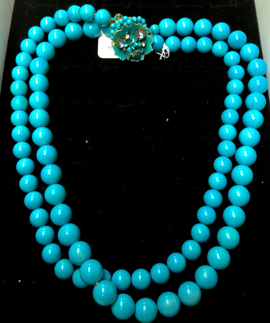 Blue 1950's Chunky 2 Strand Bead Necklace w Brass Enamel Crystal Flower Clasp