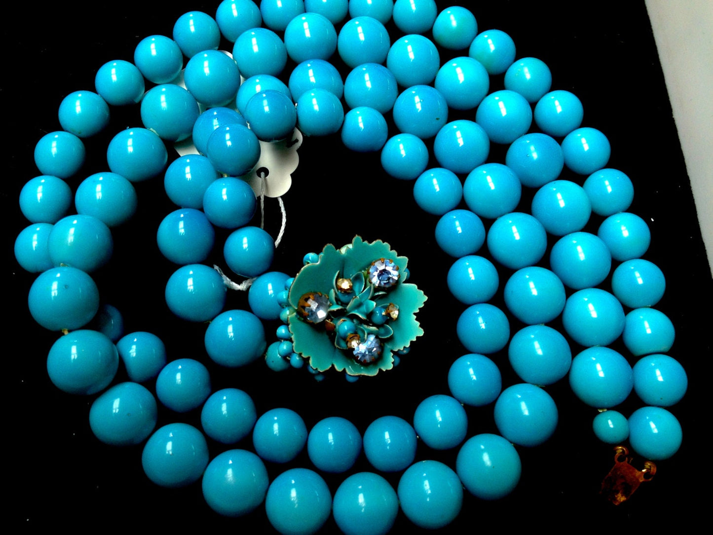 Blue 1950's Chunky 2 Strand Bead Necklace w Brass Enamel Crystal Flower Clasp