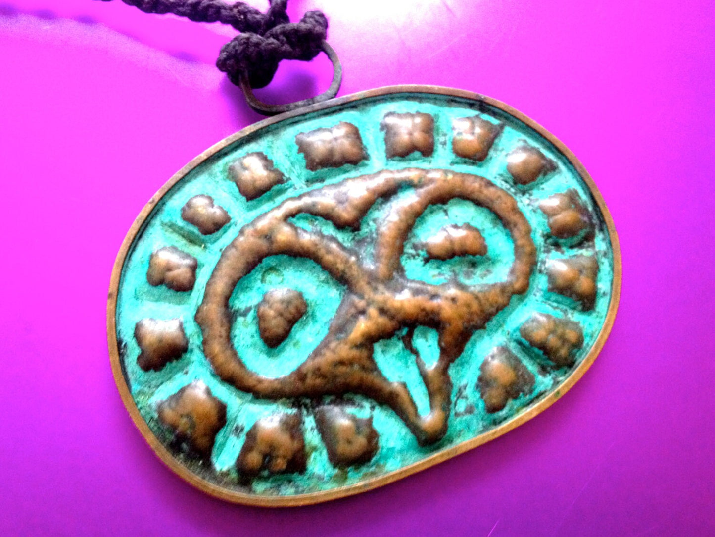 Cast Brass Pendant Primitive Barbaric Hand Hammered Brass Screaming Face Owl