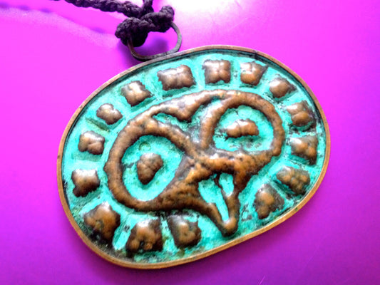 Cast Brass Pendant Primitive Barbaric Hand Hammered Brass Screaming Face Owl