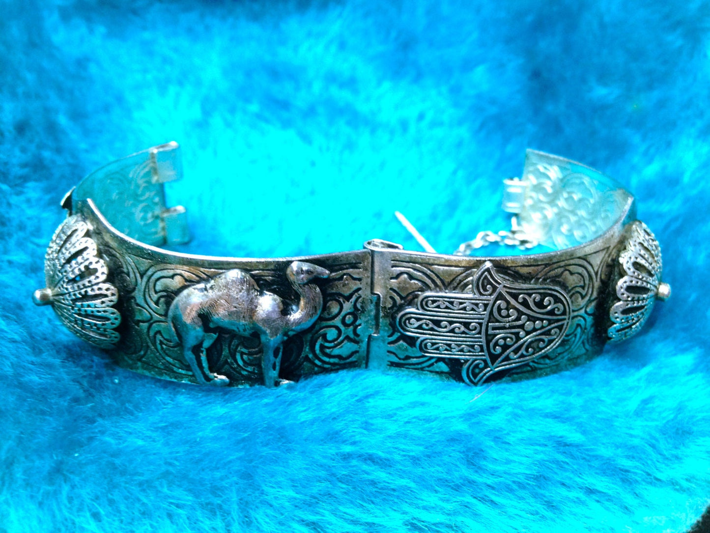 Moroccan Repousse & Embossed Pin Hinged Bangle Bracelet with Camel, Dome, Hand of Fatima