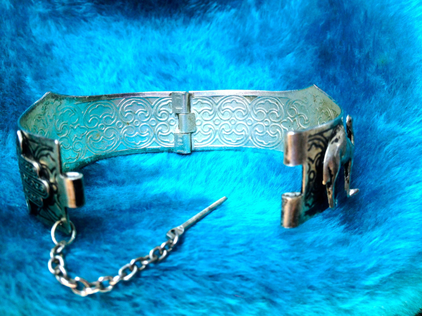 Moroccan Repousse & Embossed Pin Hinged Bangle Bracelet with Camel, Dome, Hand of Fatima