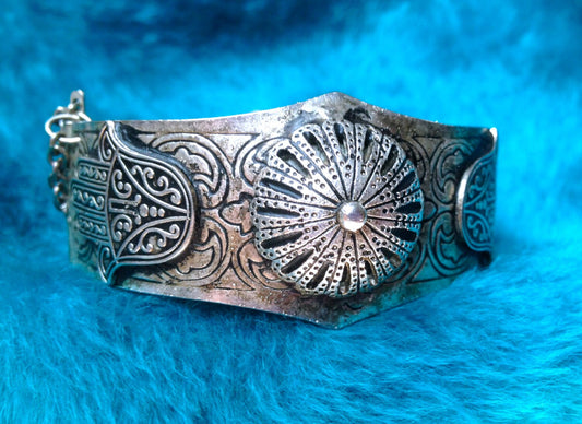 Moroccan Repousse & Embossed Pin Hinged Bangle Bracelet with Camel, Dome, Hand of Fatima