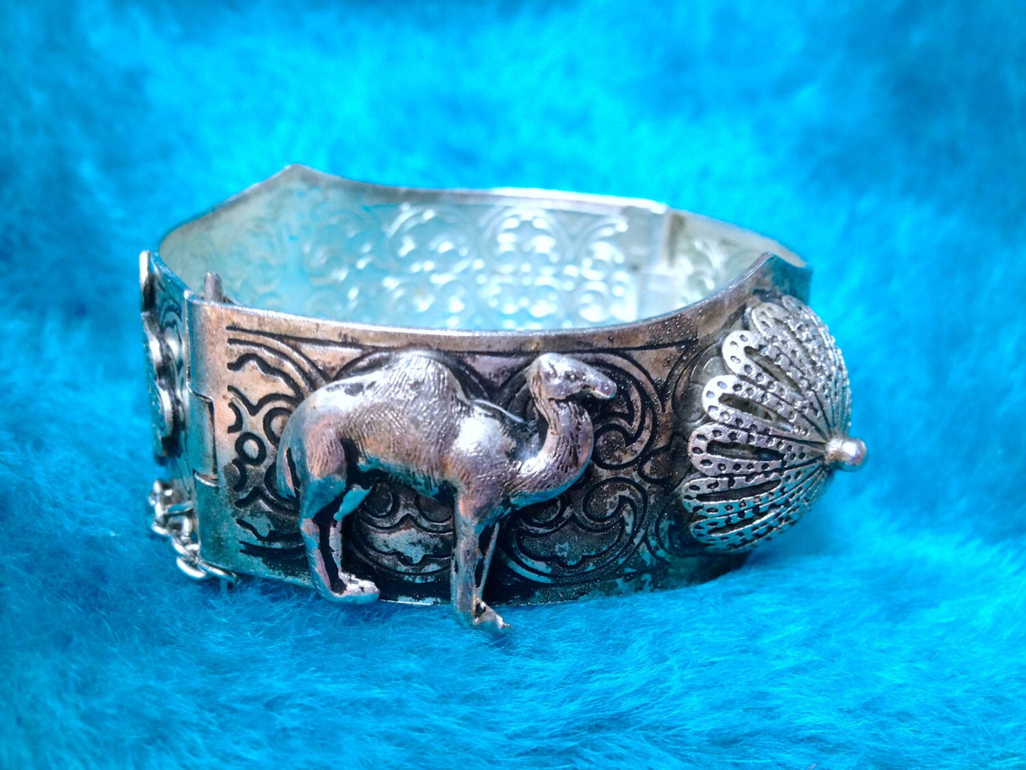 Moroccan Repousse & Embossed Pin Hinged Bangle Bracelet with Camel, Dome, Hand of Fatima
