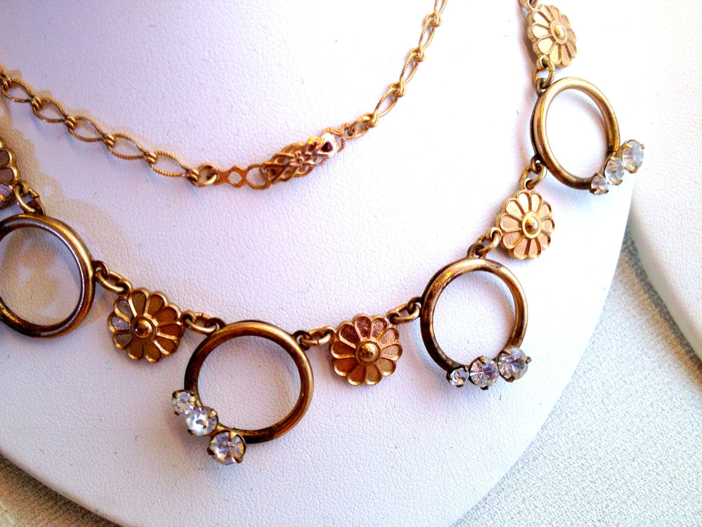 Victorian Gold Floral Embossed & Prong Set Crystal Chain Necklace