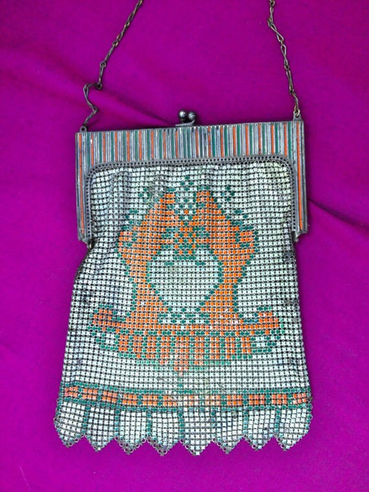 SALE Antique 1920's Whiting & Davis Enamel Art Deco Metal Mesh Purse