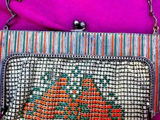 SALE Antique 1920's Whiting & Davis Enamel Art Deco Metal Mesh Purse