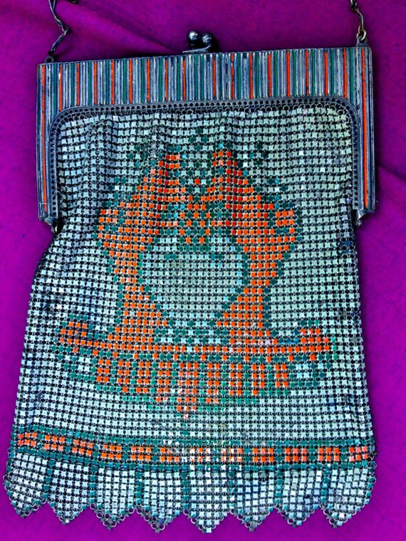 SALE Antique 1920's Whiting & Davis Enamel Art Deco Metal Mesh Purse
