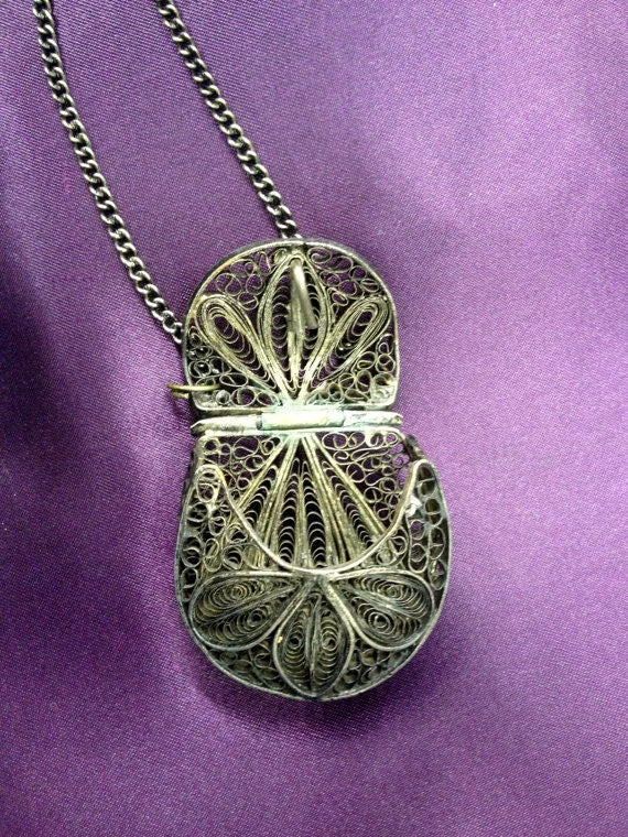 Antique Victorian Silver Filigree Coin Purse Pendant Necklace
