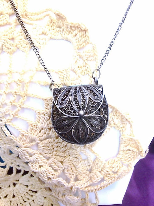 Antique Victorian Silver Filigree Coin Purse Pendant Necklace