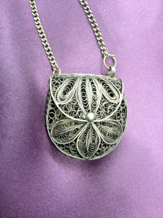 Antique Victorian Silver Filigree Coin Purse Pendant Necklace