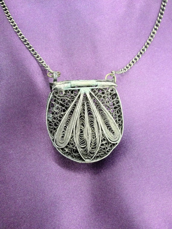 Antique Victorian Silver Filigree Coin Purse Pendant Necklace
