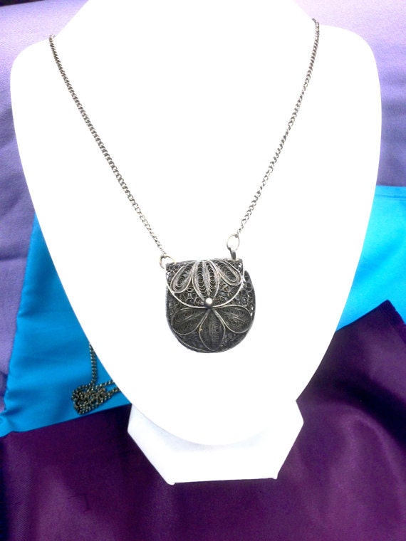 Antique Victorian Silver Filigree Coin Purse Pendant Necklace