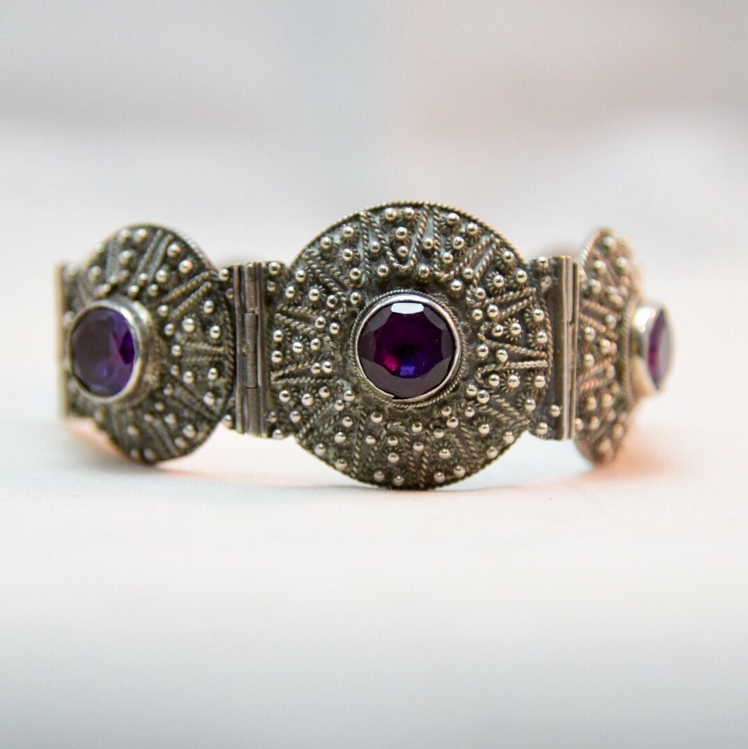Vintage Alexandrite & 950 Fine Sterling Silver Panel Link Pin Hinged Bracelet