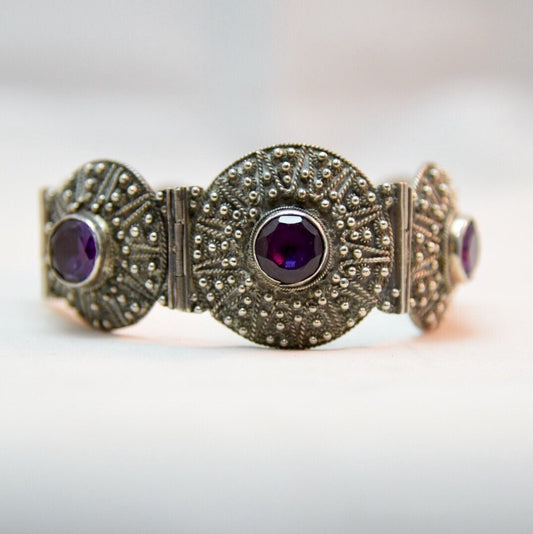 Vintage Alexandrite & 950 Fine Sterling Silver Panel Link Pin Hinged Bracelet
