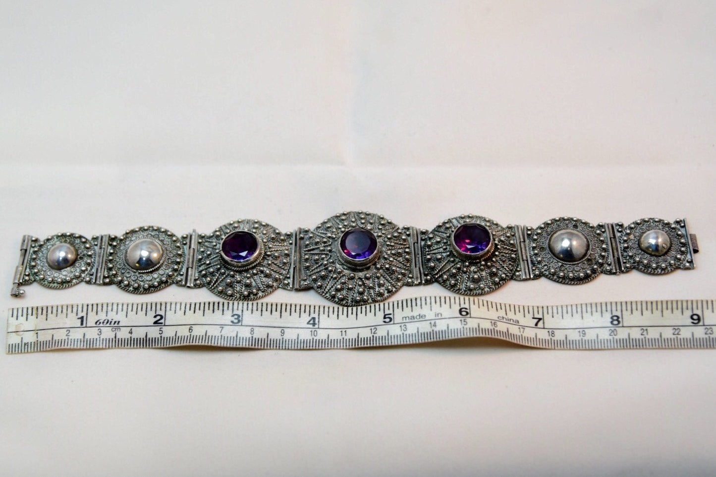 Vintage Alexandrite & 950 Fine Sterling Silver Panel Link Pin Hinged Bracelet