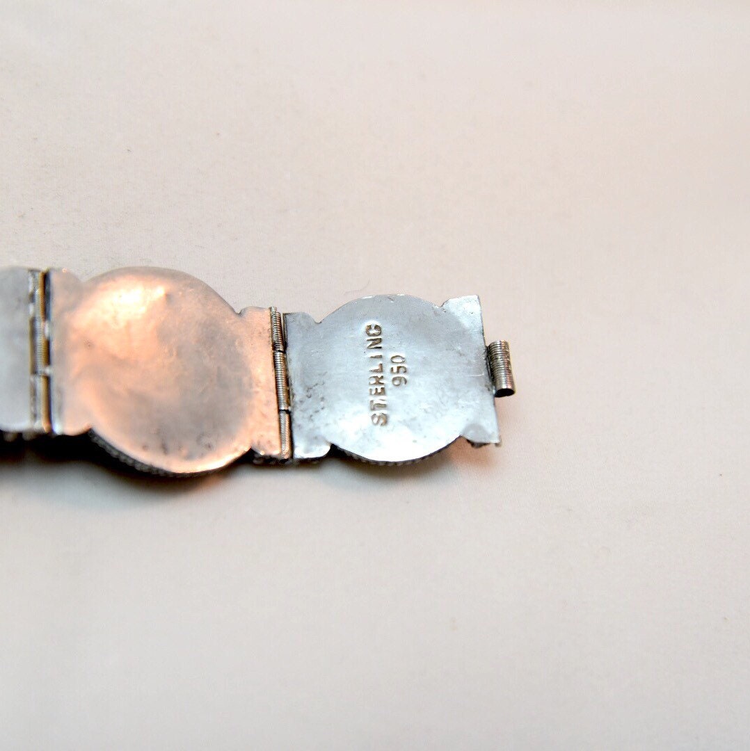 Vintage Alexandrite & 950 Fine Sterling Silver Panel Link Pin Hinged Bracelet