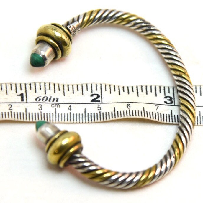 Vintage Chunky Cable Sterling Silver & Gold Twisted Cuff Bangle Bezel Set with Malachite Gemstone Ends