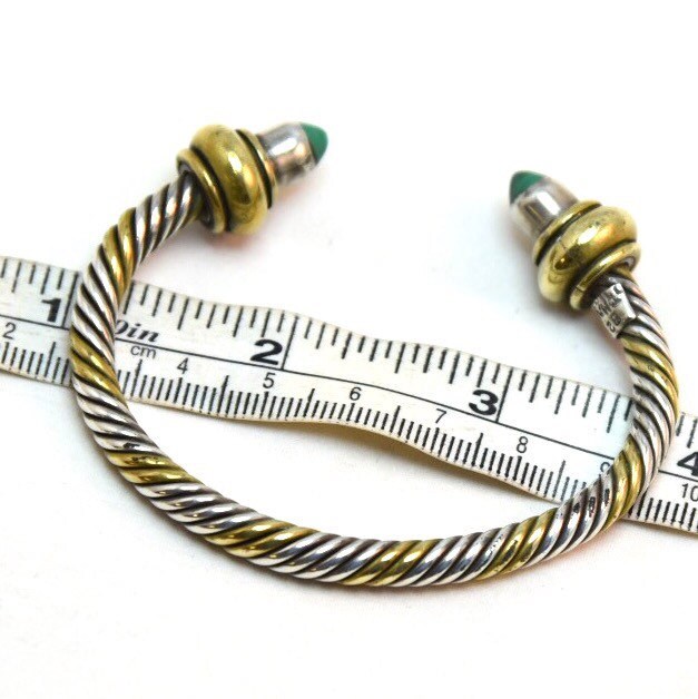 Vintage Chunky Cable Sterling Silver & Gold Twisted Cuff Bangle Bezel Set with Malachite Gemstone Ends