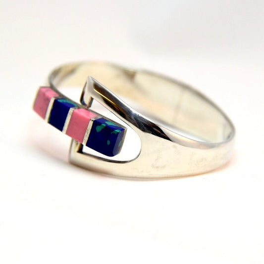 Gorgeous 925 Sterling Silver Blue Green Azurite & Bright Pink Rhodochrosite Gemstone Hinged Clamper Bracelet Taxco Mexico