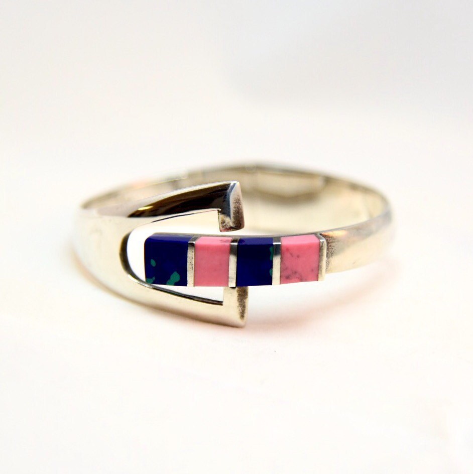 Gorgeous 925 Sterling Silver Blue Green Azurite & Bright Pink Rhodochrosite Gemstone Hinged Clamper Bracelet Taxco Mexico