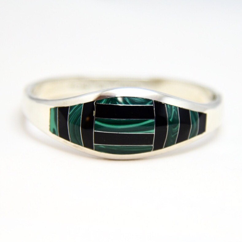Vintage Taxco Mexico Sterling Silver Onyx & Malachite Hinged Bangle Bracelet 7"